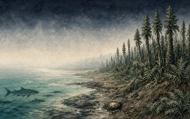 古生代海洋與陸地植物：溫和示意，年代為約數