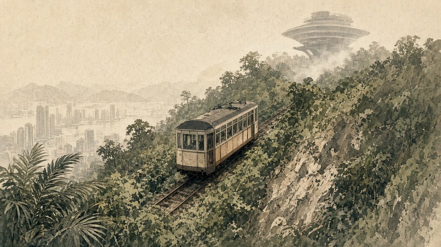太平山頂與纜車水彩紀事插畫